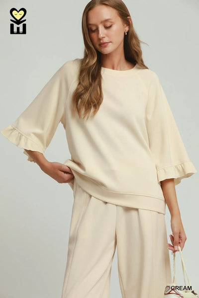 Umgee Luxeknit Round Neck Ruffle Pant Set H1089