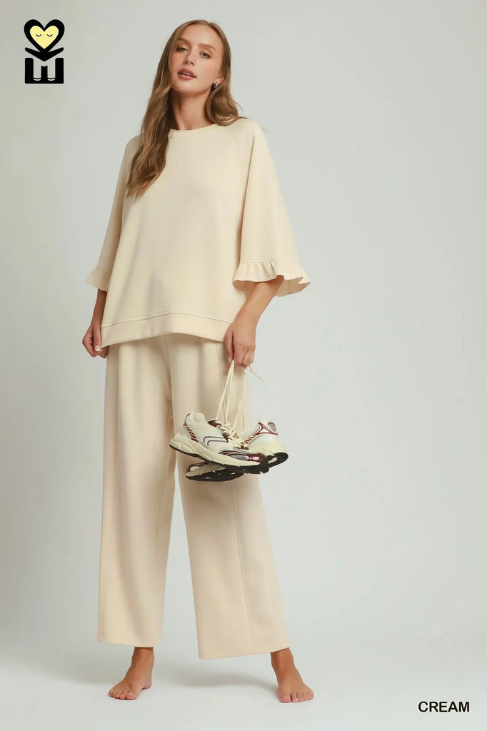Umgee Luxeknit Round Neck Ruffle Pant Set H1089