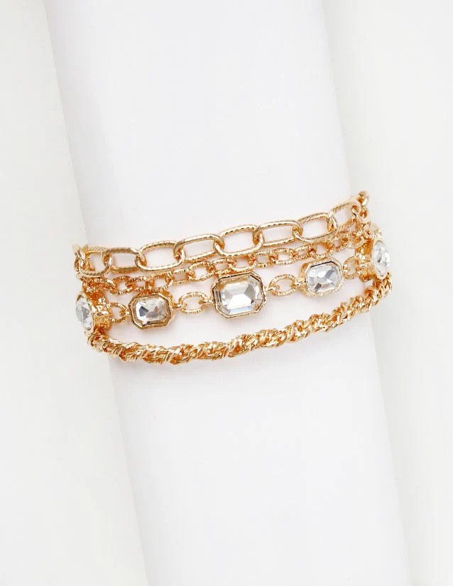 WH Bracelet Gold Textured Layered Chain with Clear Crystal B-2109G