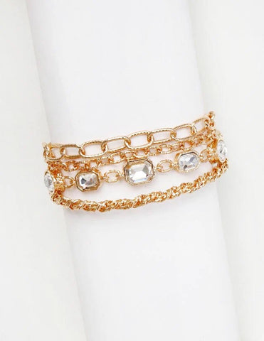 WH Bracelet Gold Textured Layered Chain with Clear Crystal B-2109G