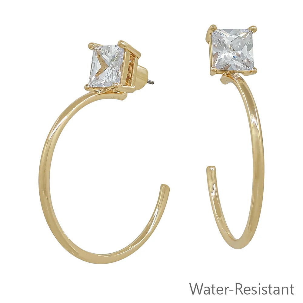 WH Earrings 1.5" Hoop Gold Square Stone Stud E-4830G