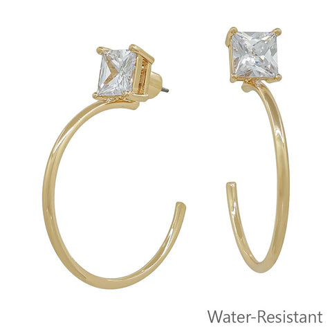 WH Earrings 1.5" Hoop Gold Square Stone Stud E-4830G