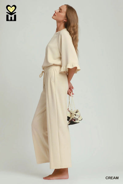 Umgee Luxeknit Round Neck Ruffle Pant Set H1089