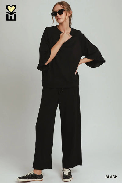 Umgee Luxeknit Round Neck Ruffle Pant Set H1089