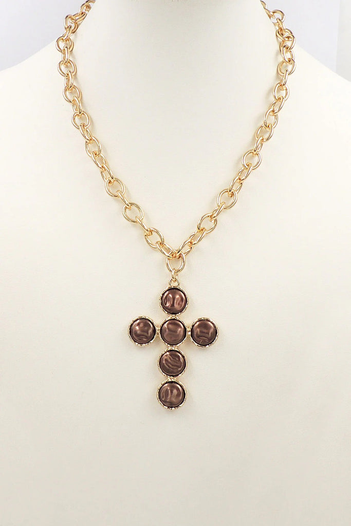 WH Gold Chain with Brown Freshwater Coin Pearl Cross N-3475BR