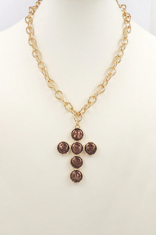 WH Gold Chain with Brown Freshwater Coin Pearl Cross N-3475BR