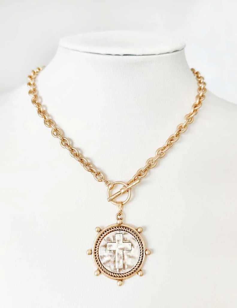 WH Worn Gold Chain with Cross Coin N-2653G