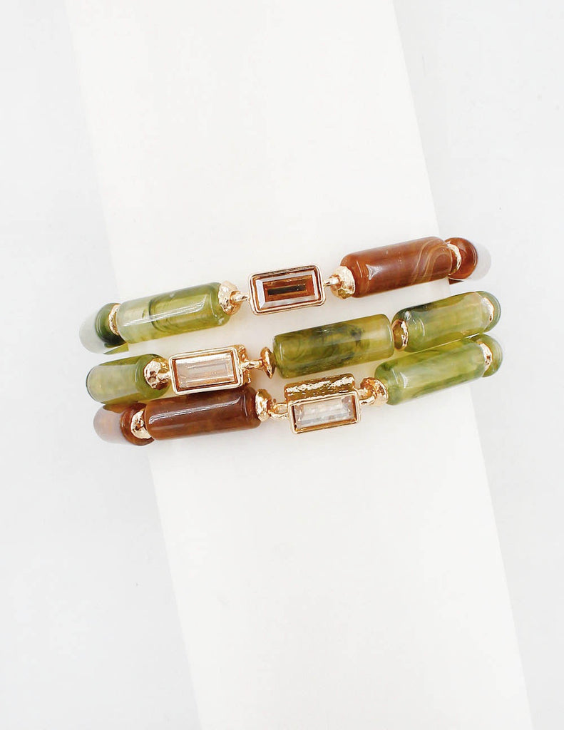 WH Bracelet Stretch Oval Stone and Chrystal Beaded Set of 3 B-2494