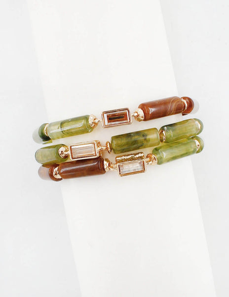 WH Bracelet Stretch Oval Stone and Chrystal Beaded Set of 3 B-2494