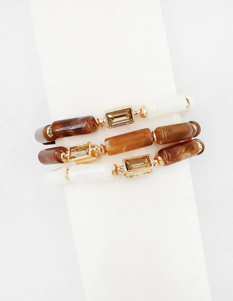WH Bracelet Stretch Oval Stone and Chrystal Beaded Set of 3 B-2494