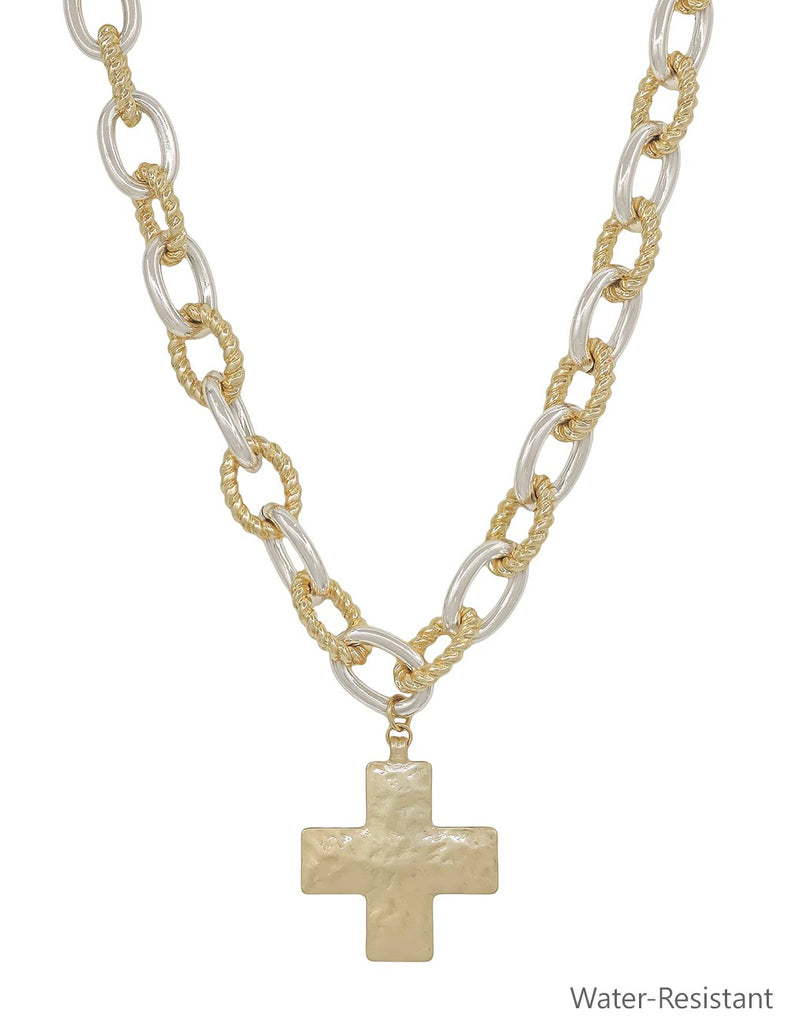 WH Necklace Gold and Silver Chain with Hammered Cross N-3437GS