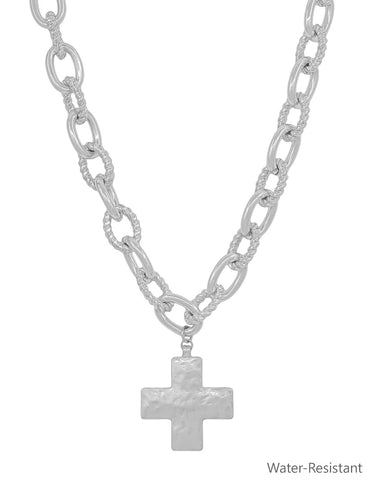 WH Necklace Chunky Silver Chain with Hammered Cross N-3437S