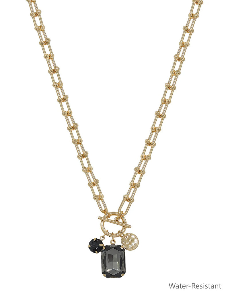 WH Necklace Gold Chain with Black Diamond Crystal N-3439BD