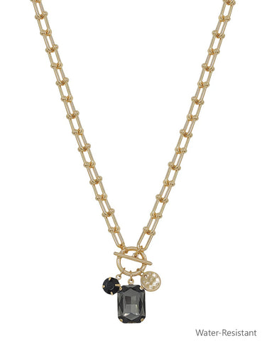 WH Necklace Gold Chain with Black Diamond Crystal N-3439BD