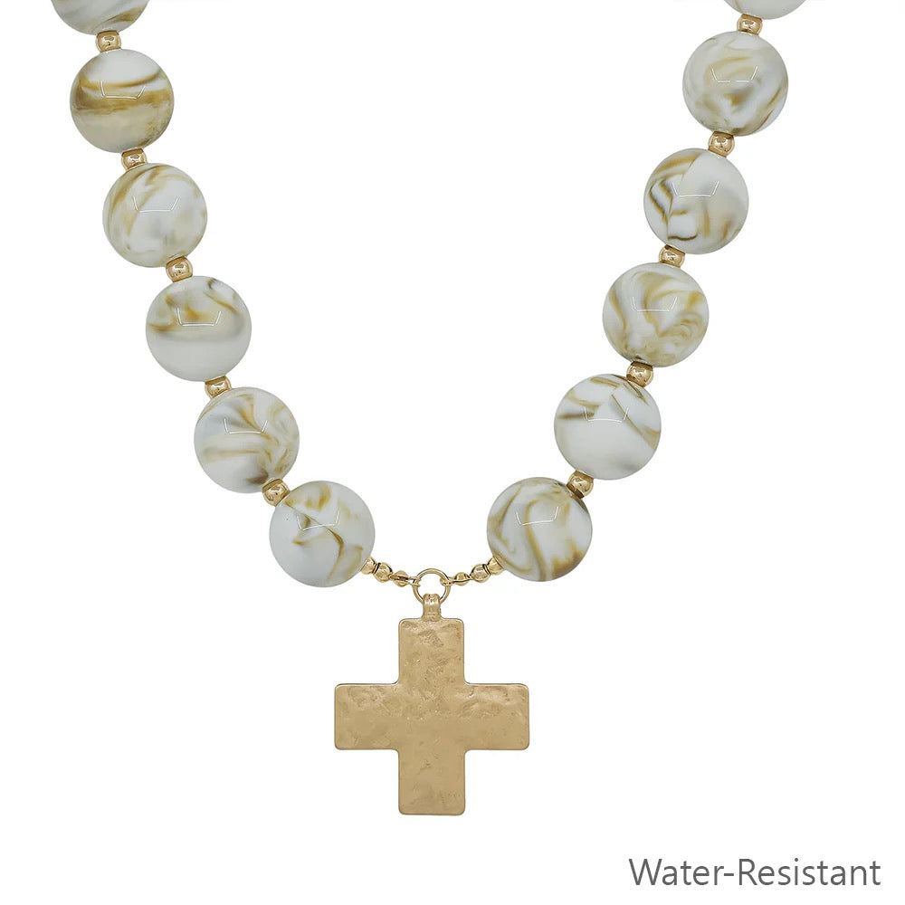 WH Necklace 20MM Beaded with Hammered Gold Cross N-3441N