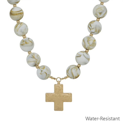 WH Necklace 20MM Beaded with Hammered Gold Cross N-3441N