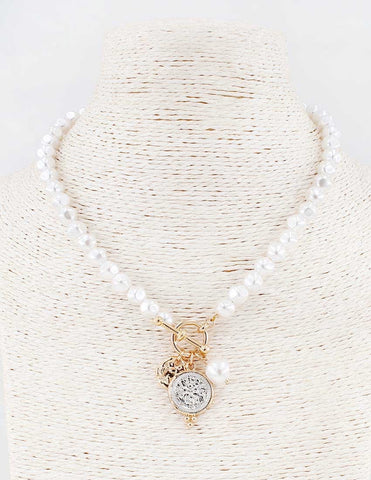 WH Necklace Freshwater Pearl with Gold and Silver Coin N-3413G