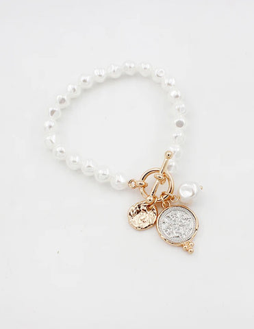 WH Bracelet Pearl Toggle 7.5" with Open Cross and Crystal Charms B-2416PL