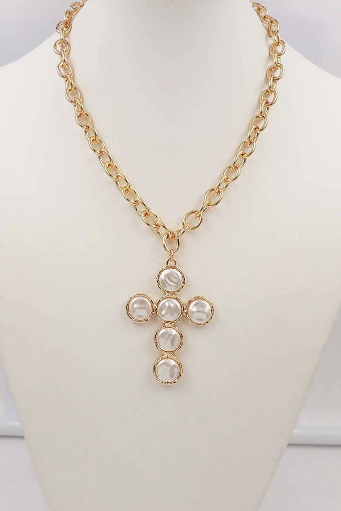 WH Necklace Gold Chain with Coin Pearl Cross 1.75" N-3269G