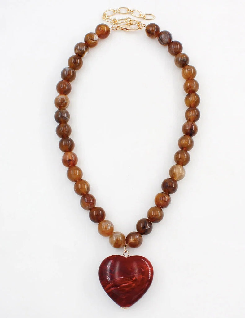 WH Necklace brown Beaded with Red Tone Heart N-3492BR