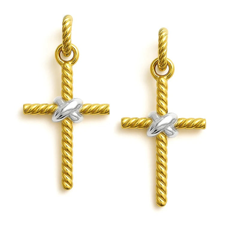 WH Earrings Twist Textured Gold Cross with Silver 1.25" E-4502G