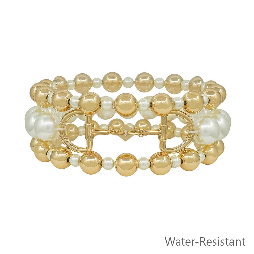 WH Bracelets Gold and Pearl with Horse Bit Stretch B-2482PL