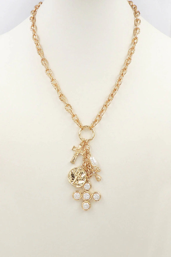 WH Necklace Gold Chain with Pearl Cross and Charms N-3476G