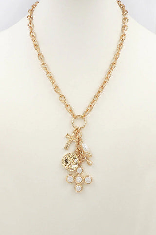 WH Necklace Gold Chain with Pearl Cross and Charms N-3476G