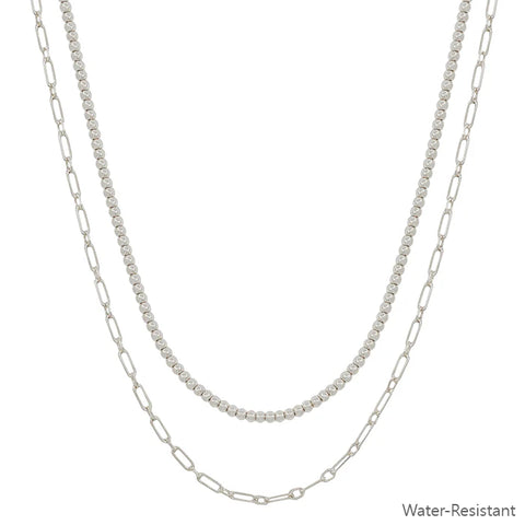 WH Water Resistant Double Layered Silver Beaded and Chain 16"-18" Necklace