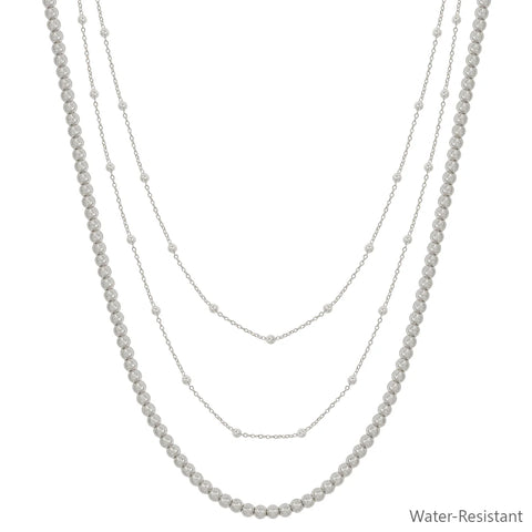 WH Water Resistant Triple Layered Silver Beaded and Chain 16"-18" Necklace