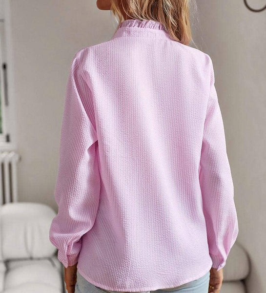 Tops Textured striped shirt button-down ruffled blouse