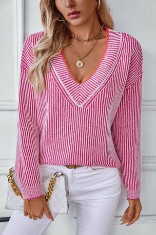 Sweater V-Neck Striped Casual Pullover knit Top: Rose