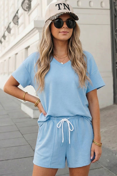 Shorts Set Comfy V Neck Tee & Pockets Shorts Set | S-XL