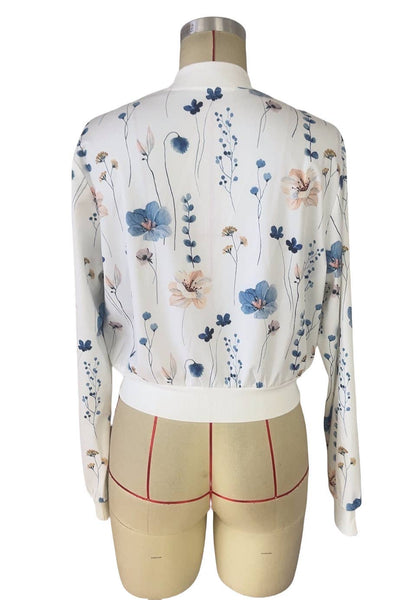 Zippered Floral Print Long-Sleeved Casual Cropped Jacket: White / M