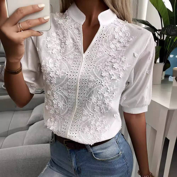 Tops V-Neck Stand Collar Embroidered Lace Shirt
