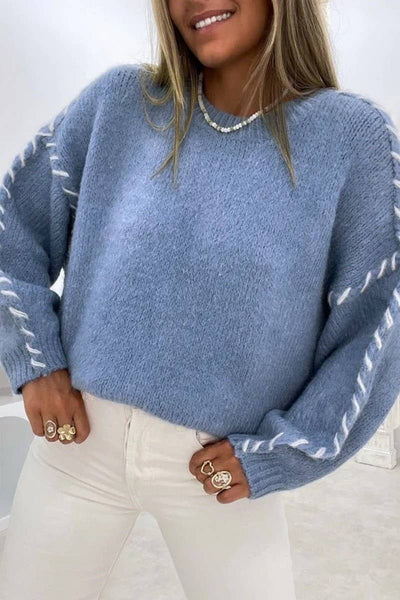 Sweater Crew Neck Long Sleeve Knit Sweater Blue