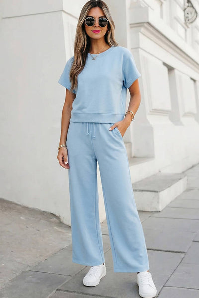 Pants Set Soft Color Tee & Wide Leg Pants 2pcs Set | S-XL Plus 1X-4X