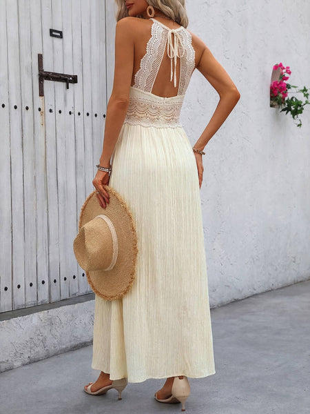 Halter Neck Lace Trim Patchwork V-Neck Dress