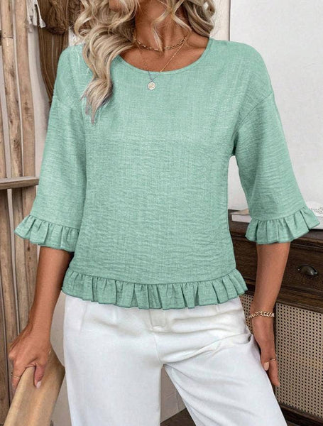 Tops Women Solid Color Relaxed Fit Shirt with 3/4 Sleeves
